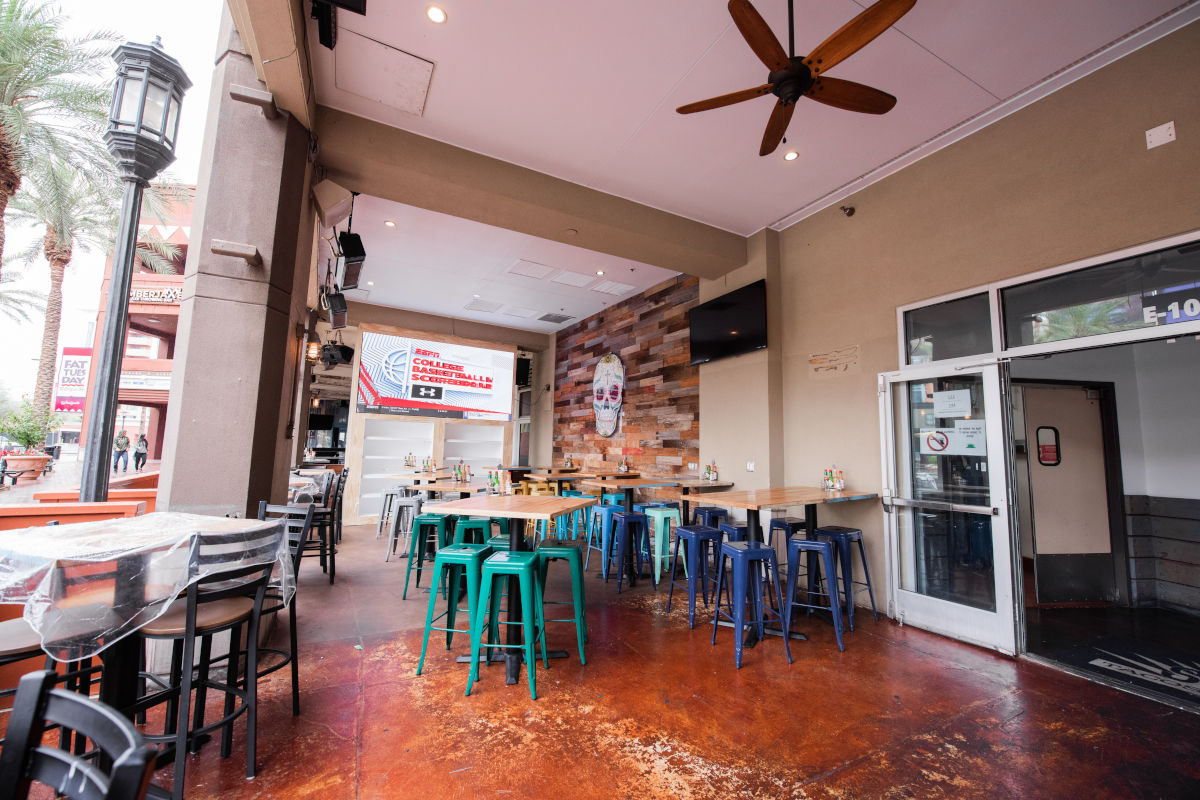 Restaurant exterior, tables lined up